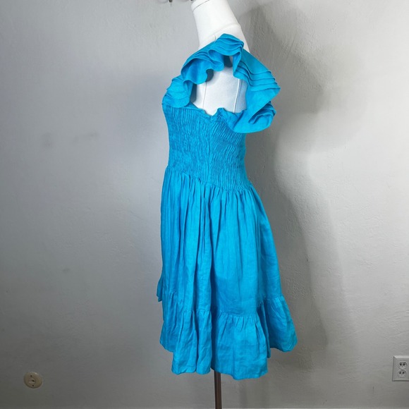 Mille Resort Mini Dress Smocked Turquoise Blue Linen Dress Ruffle Sleeves Size S - Picture 4 of 14